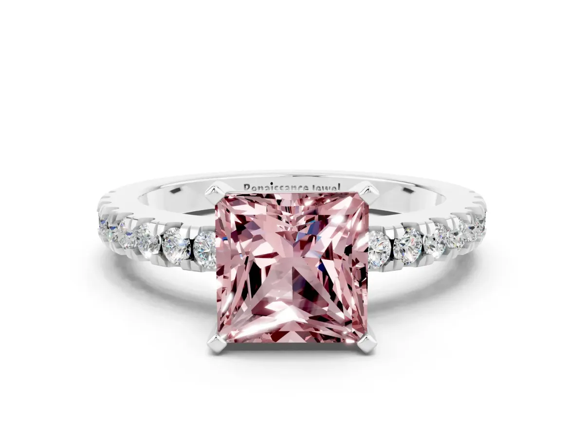 Princess Cut Solitaire Morganite with Pavé Band and Four-Prong Setting Silver