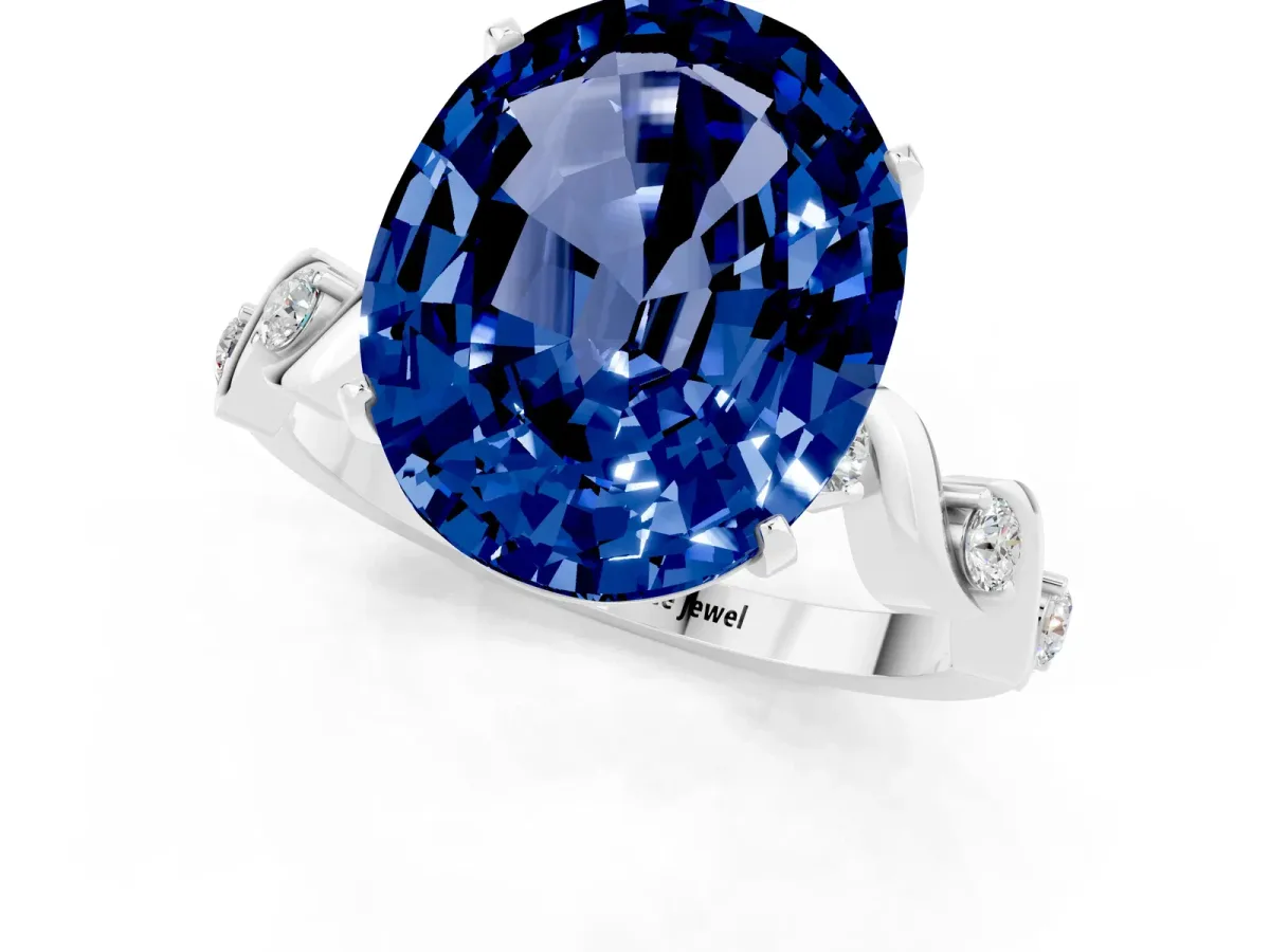 Oval Cut Blue Sapphire Solitaire Twisted Band with Round Accents and Prong Setting Silver