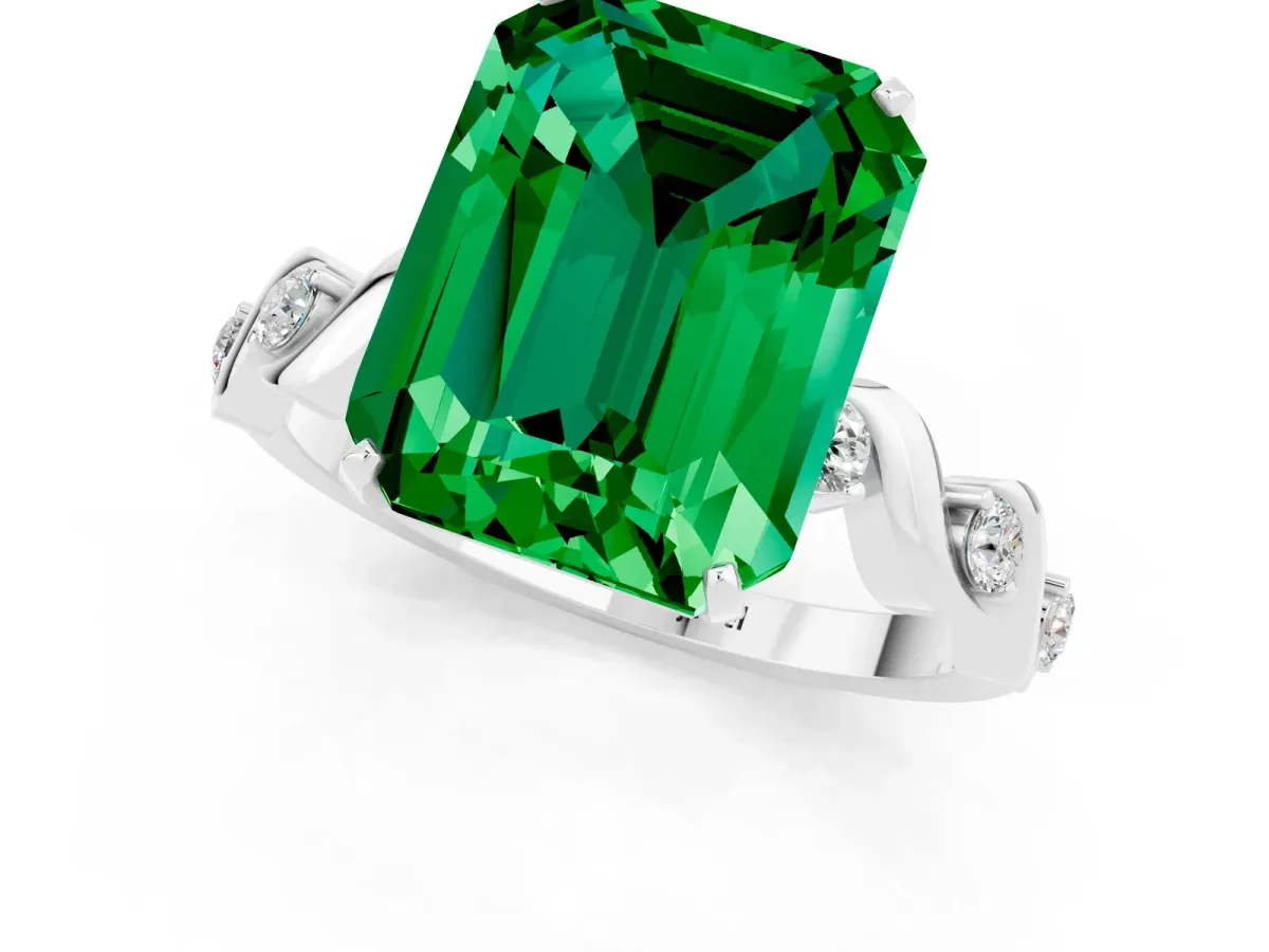 Emerald Cut Emerald Solitaire Twisted Band with Round Accents and Prong Setting Silver