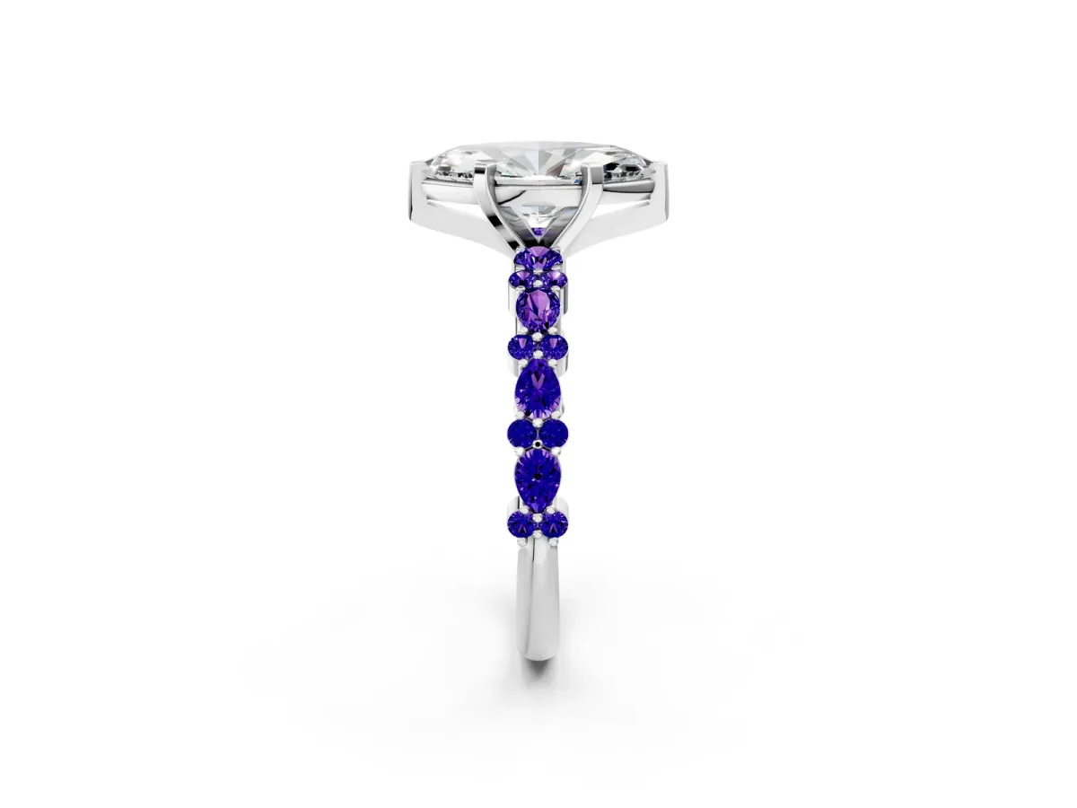 Marquise Cut Diamond Side Stone Solitaire Ring with Round Tanzanite and Four-Prong Setting Silver
