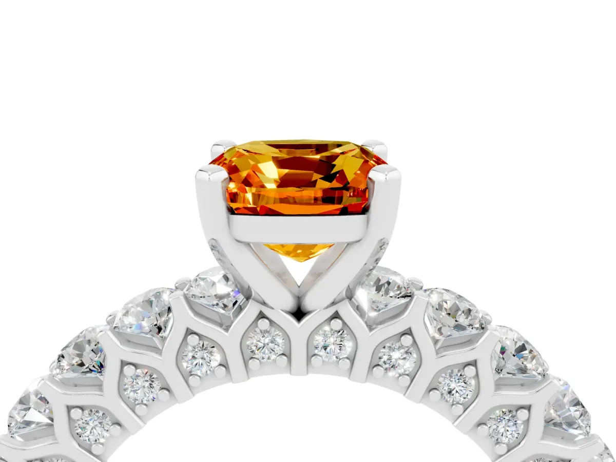 Cushion Cut Citrine Solitaire Ring with Shared Prong Pavé Band and Four-Prong Setting White gold
