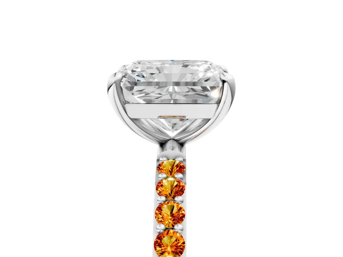 Radiant Cut Diamond Solitaire Ring with Round Citrine Pavé Band and Prong Setting Silver