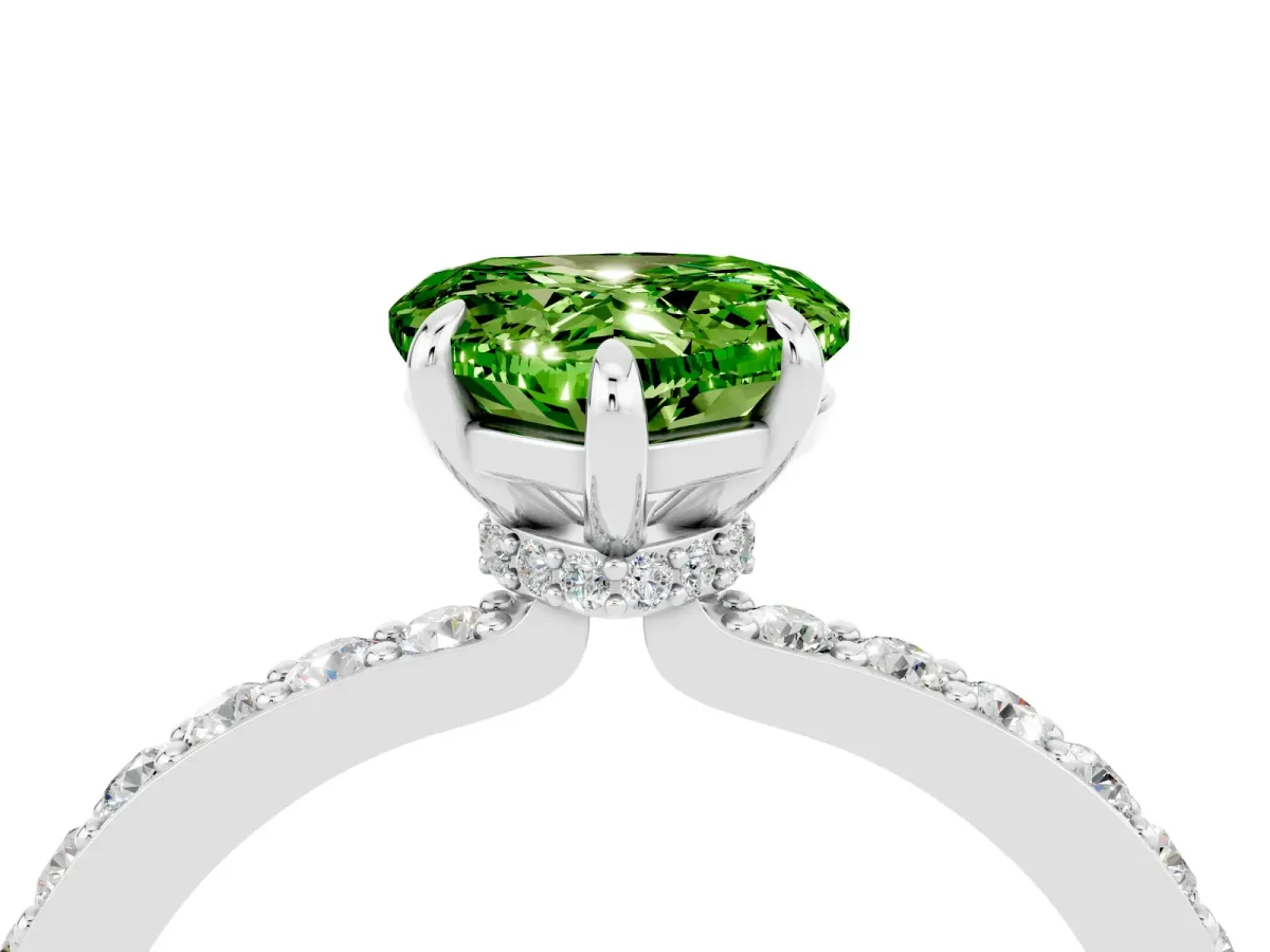 Heart Cut Peridot Solitaire Engagement Ring with Pavé Band and Four-Prong Setting Silver