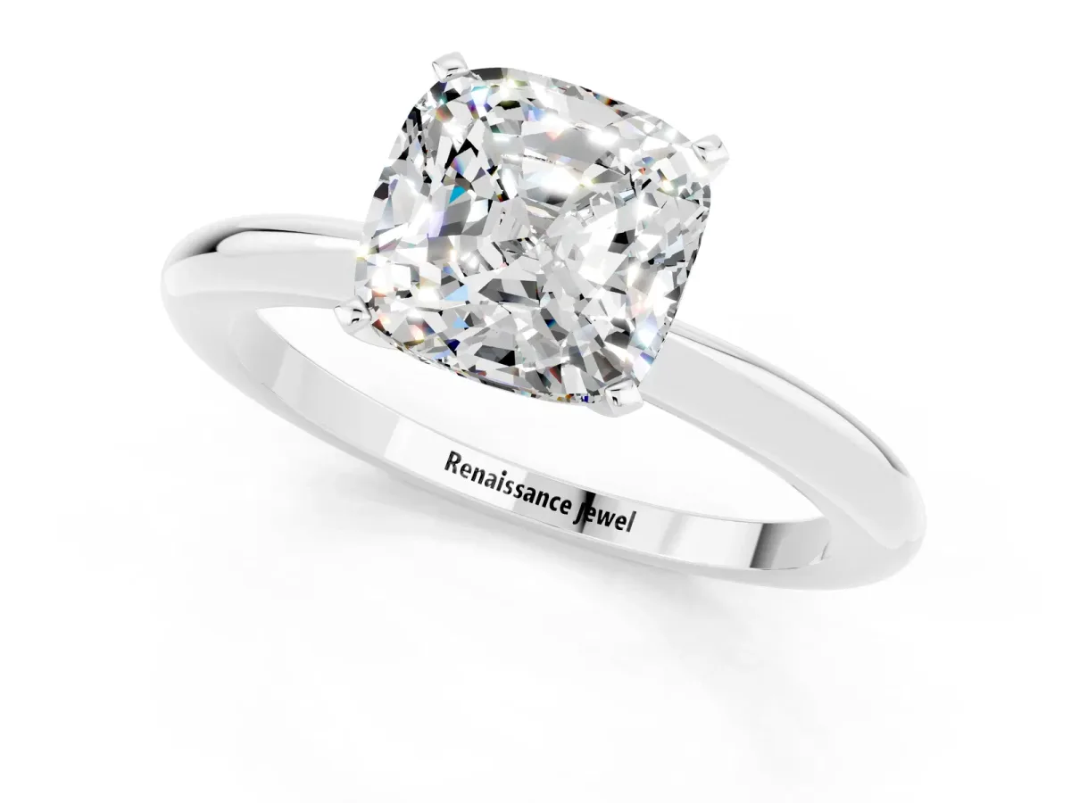 Cushion Cut Moissanite Solitaire Ring with Six-Prong Setting and Classic Band Silver