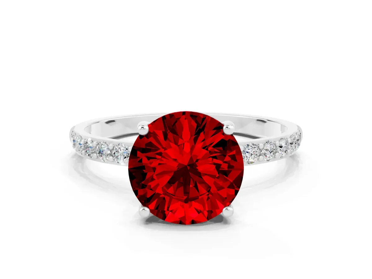Round Cut Ruby Solitaire Ring with Round Pavé Band and Prong Setting White gold