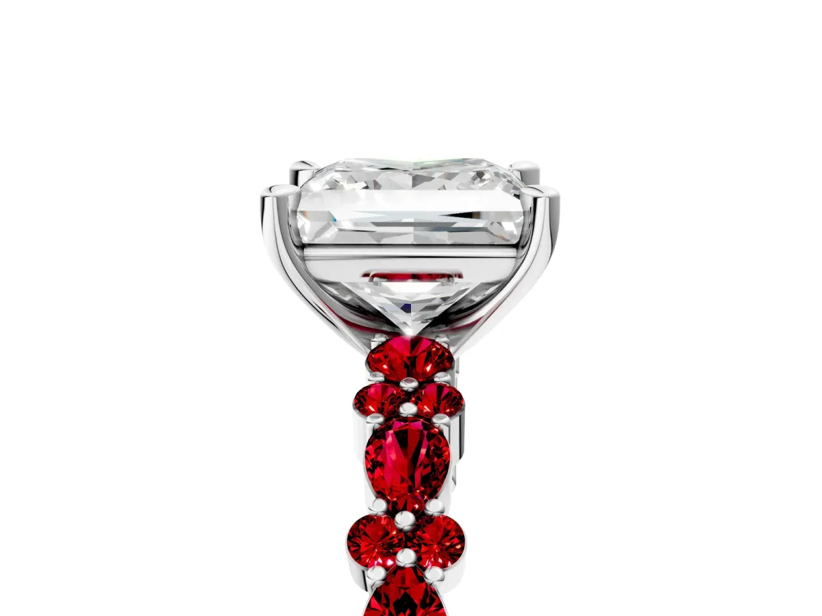 Princess Cut Diamond Side Stone Solitaire Ring with Round Ruby and Four-Prong Setting White gold