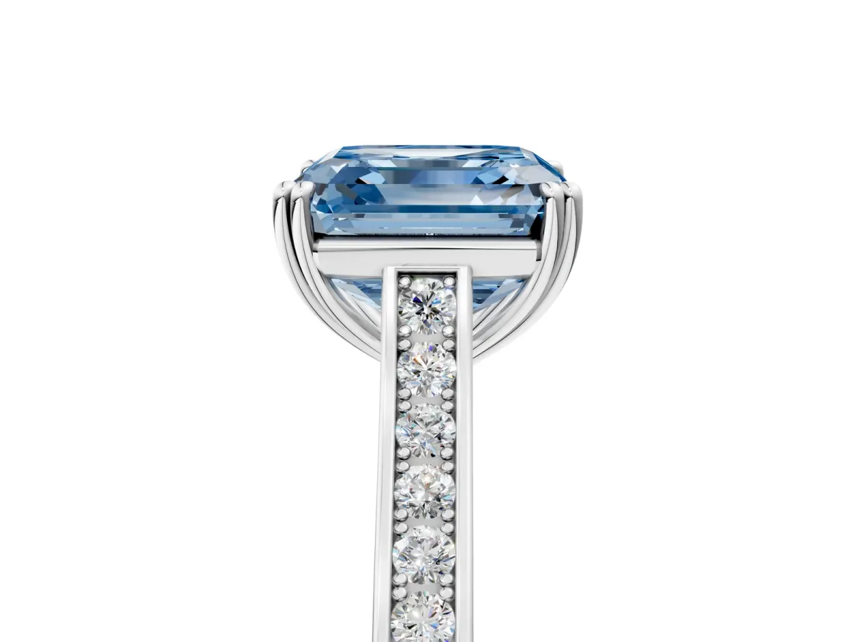 Fancy Blue Asscher Cut Diamond Solitaire with Pave Band and Six-Prong Setting Platinum