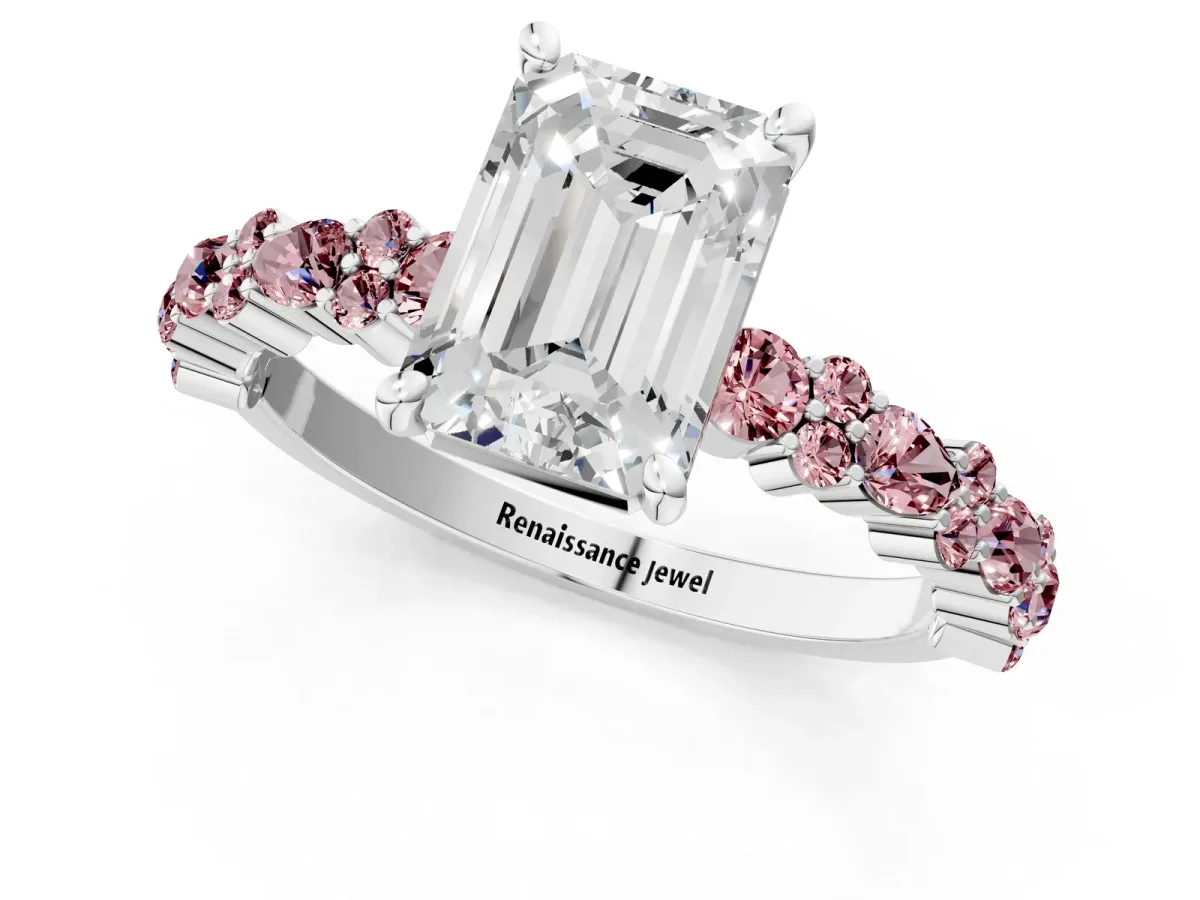 Emerald Cut Diamond Side Stone Solitaire Ring with Round Morganite and Four-Prong Setting Platinum