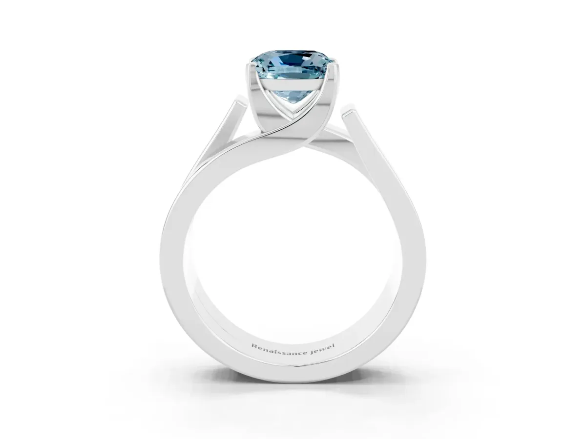 Modern Tension Set Cushion Cut Aquamarine Solitaire Wide Band Ring Silver