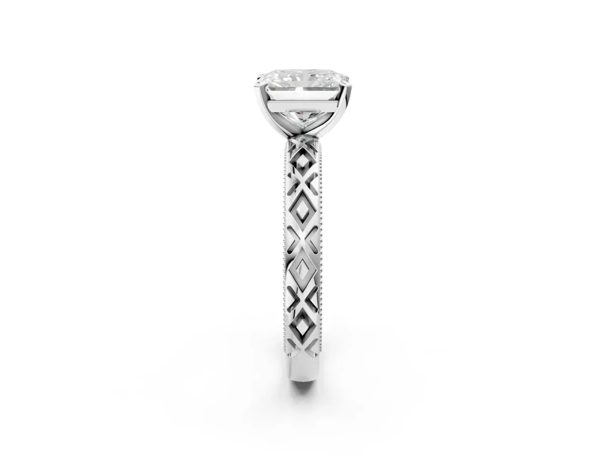 Radiant Cut Solitaire Diamond Ring with Milgrain and Black Enamel X Pattern Band Platinum