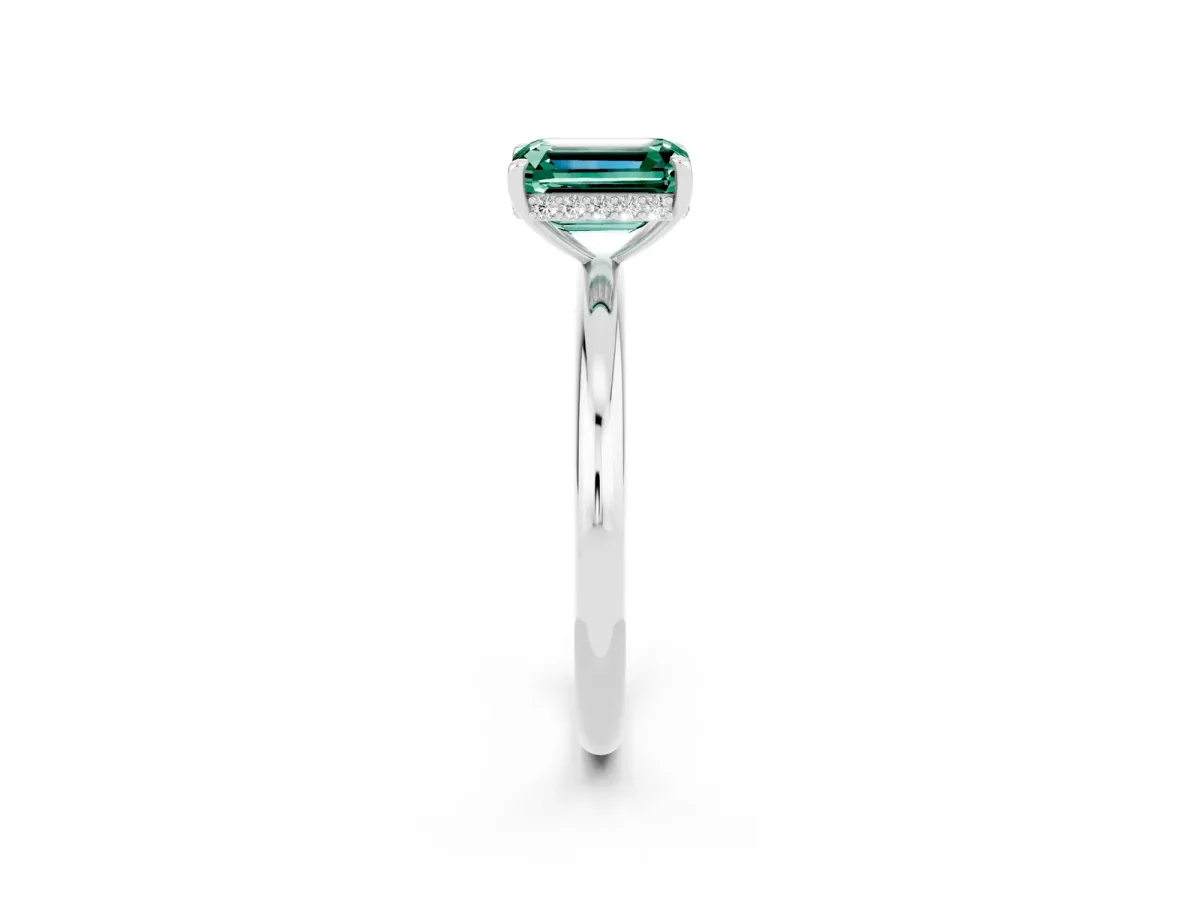 Emerald Cut Green Sapphire Solitaire Ring with Thin Band and Four-Prong Setting White gold