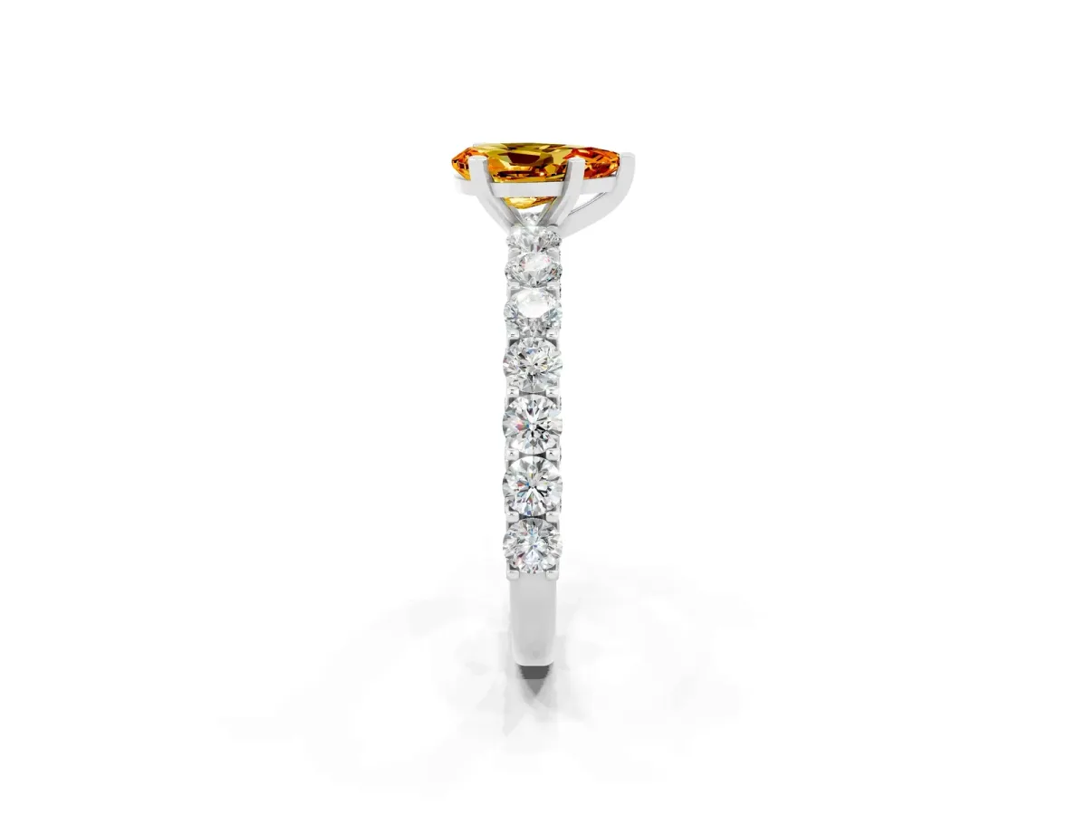 Pear Cut Citrine Solitaire Ring with Shared Prong Pavé Band and Four-Prong Setting Silver