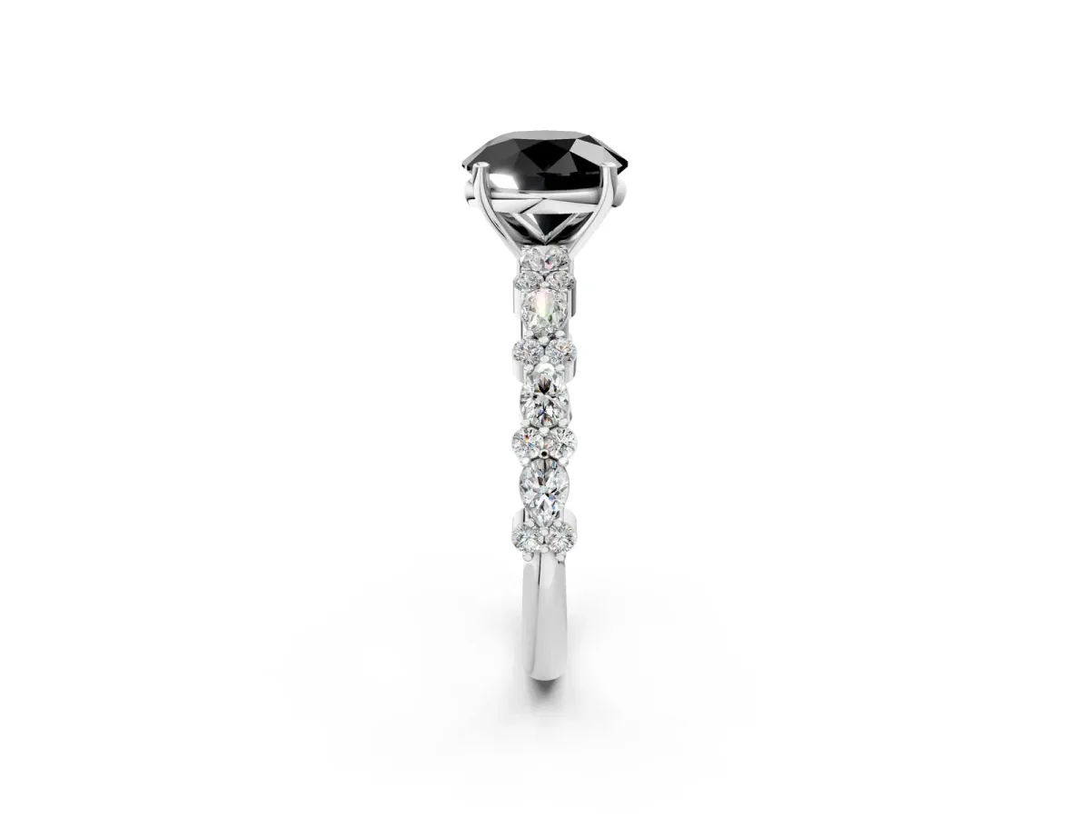 Fancy Black Round Cut Diamond Side Stone Solitaire Ring with Round and Four-Prong Setting Platinum