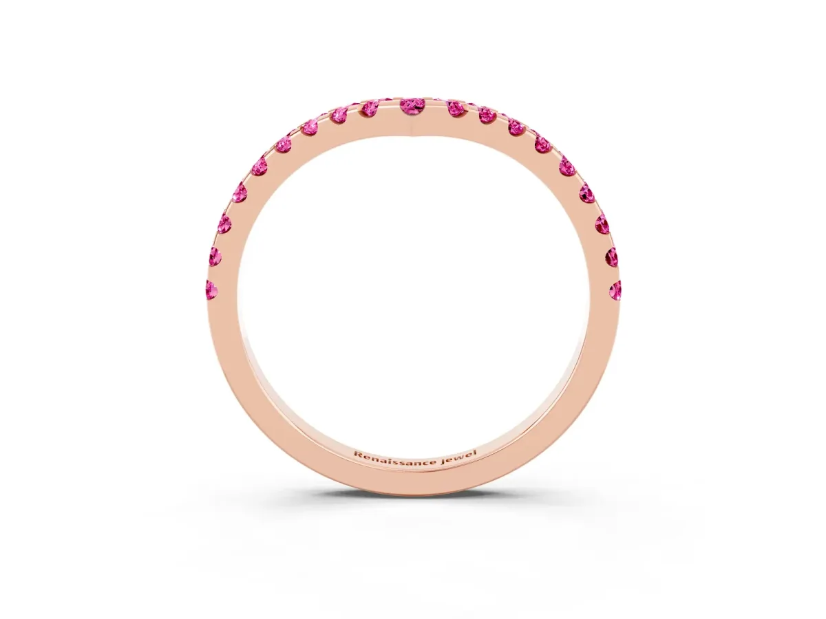 Pavé Round Pink Sapphire Chevron Band with Shared Prong Setting Rose gold