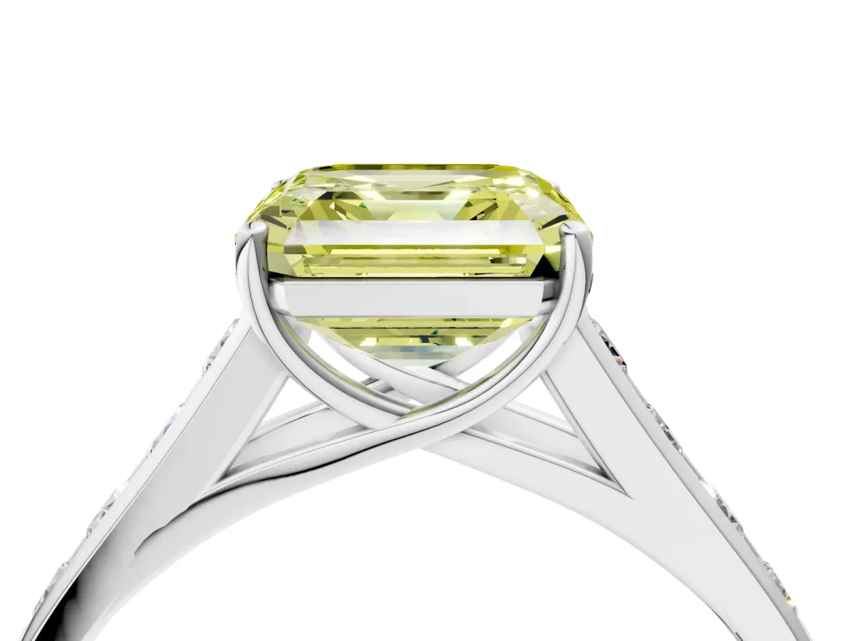 Fancy Yellow Asscher Cut Solitaire Channel-Set Diamond Engagement Ring with Four-Prong Setting Platinum