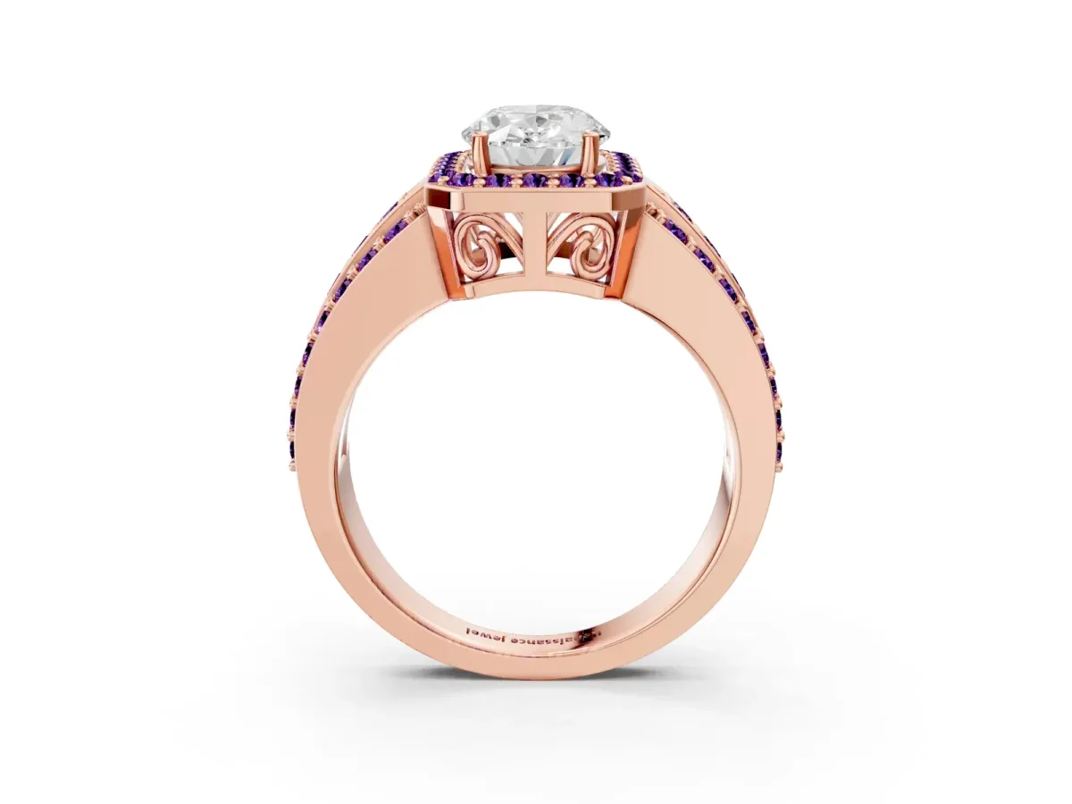 Oval Cut Halo Diamond Ring with Round Amethyst Split Shank and Prong Setting Rose gold