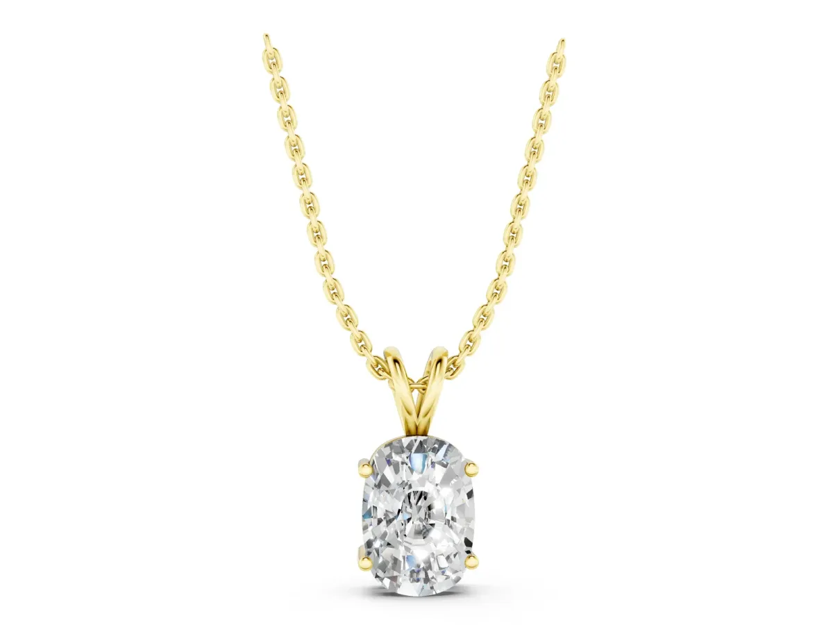 Old Mine Cushion Diamond Solitaire Pendant with Four Prong Setting Yellow gold