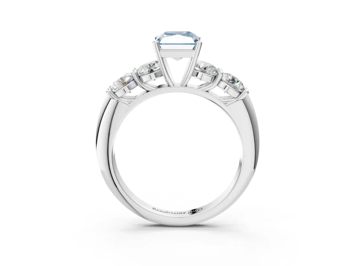 Fancy Blue Radiant Cut Cut Five-Stone Prong Set Diamond Ring with Classic Band Platinum