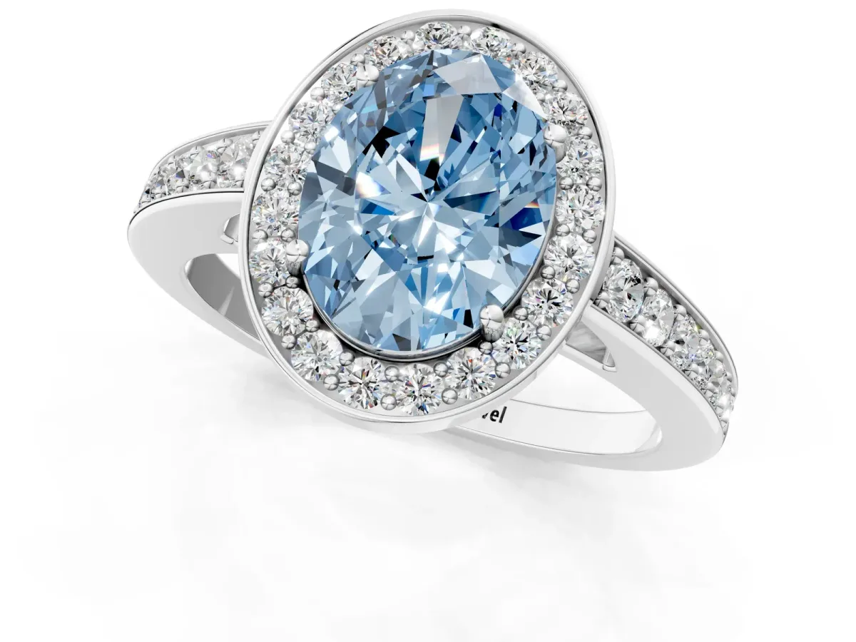 Fancy Blue Oval Cut Halo Pavé Diamond Engagement Ring with Bezel Setting Silver