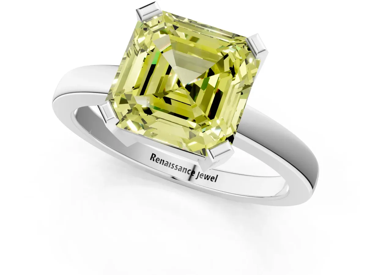Fancy Yellow Asscher Cut Cut Solitaire Ring with Four-Prong Setting and Classic Band Platinum