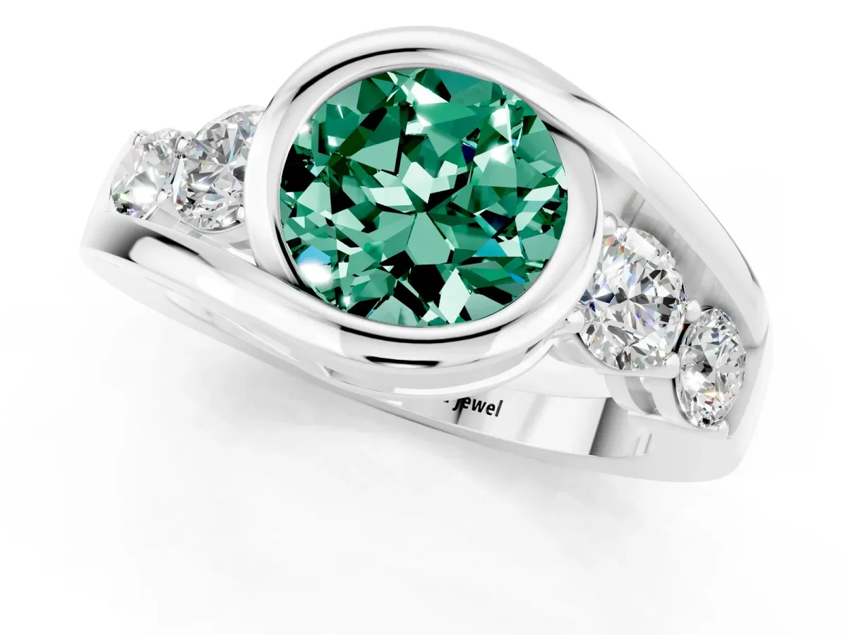 Bezel Set Round Cut Green Sapphire Bypass Ring with Round Accents Silver