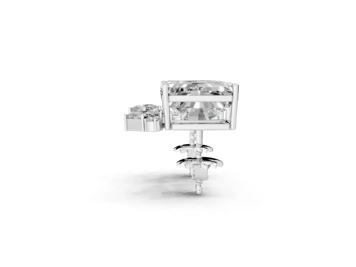 Emerald Cut Diamond Stud Earrings with Round and Oval Accents White gold