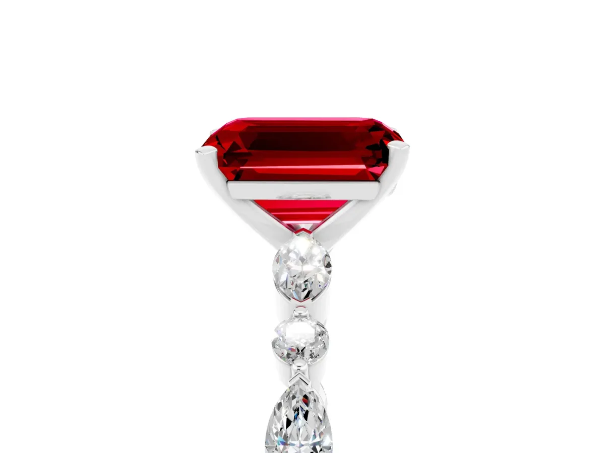 Emerald Cut Ruby Ring with Marquise and Round Side Stones and Four-Prong Setting Platinum
