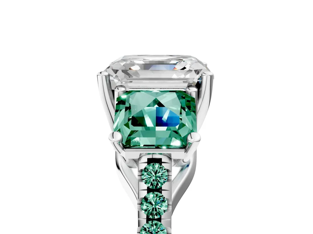 Three-Stone Asscher Cut Diamond Ring with Round Green Sapphire Pavé Band and Prong Setting Silver