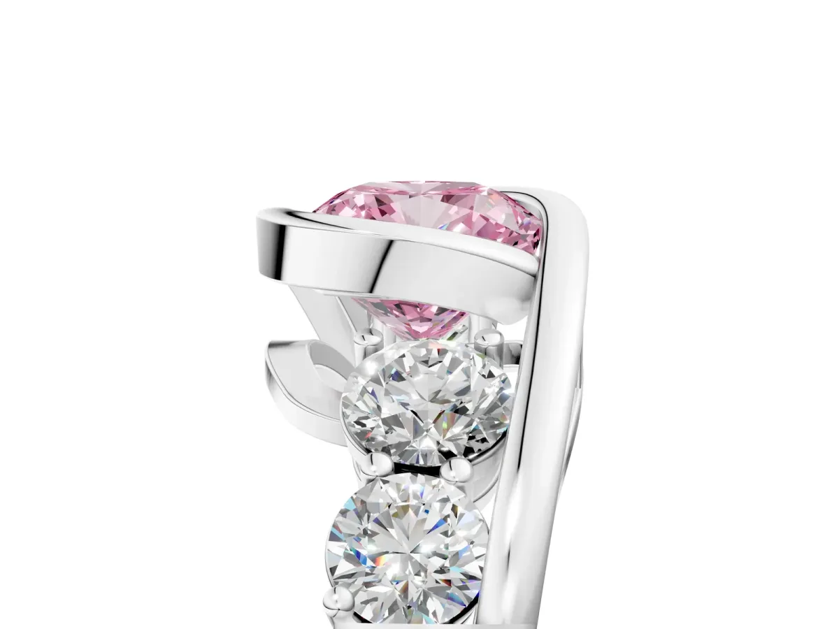 Fancy Pink Bezel Set Cushion Cut Diamond Bypass Ring with Round Accents Silver