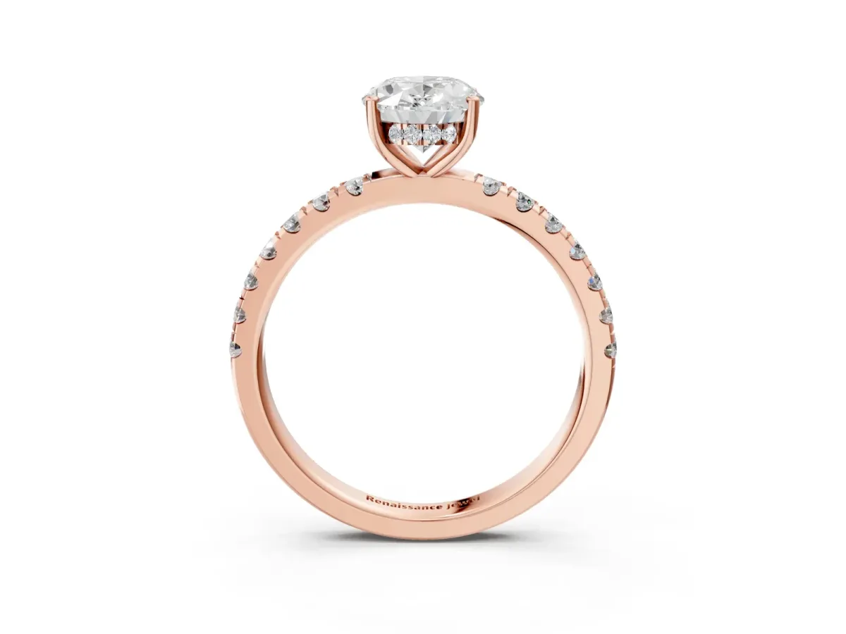 Oval Cut Diamond Pave Band Solitaire Ring with Round and Prong Setting Rose gold