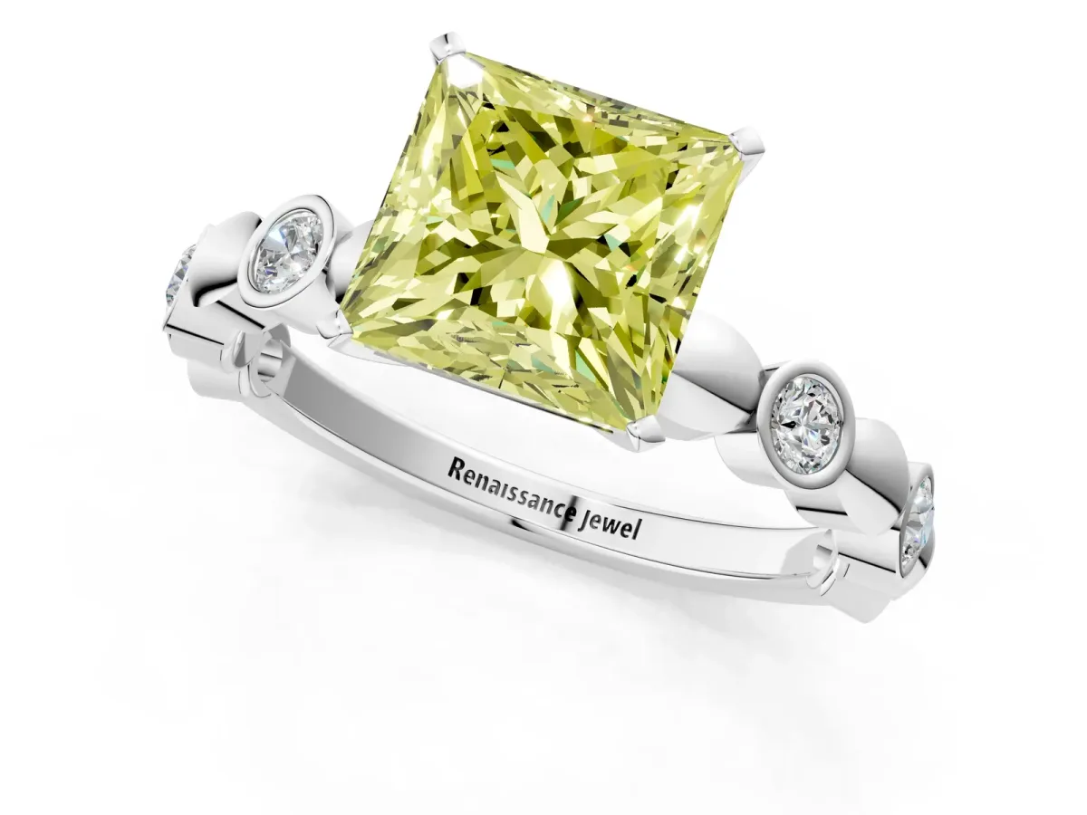 Fancy Yellow Princess Cut Solitaire Bezel-Set Diamond Ring with Beaded Band and Four-Prong Setting Silver