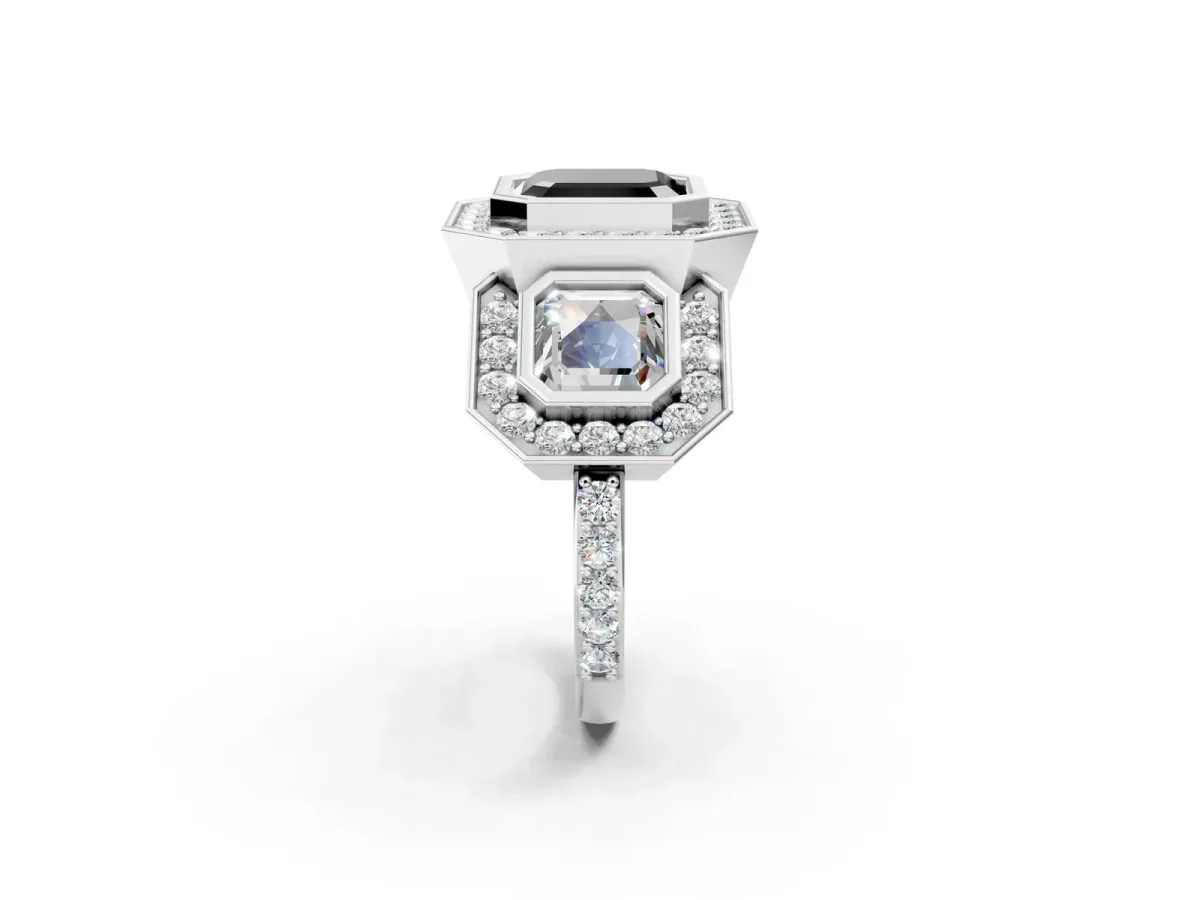 Fancy Black Three-Stone Asscher Cut Halo Pavé Diamond Ring Platinum