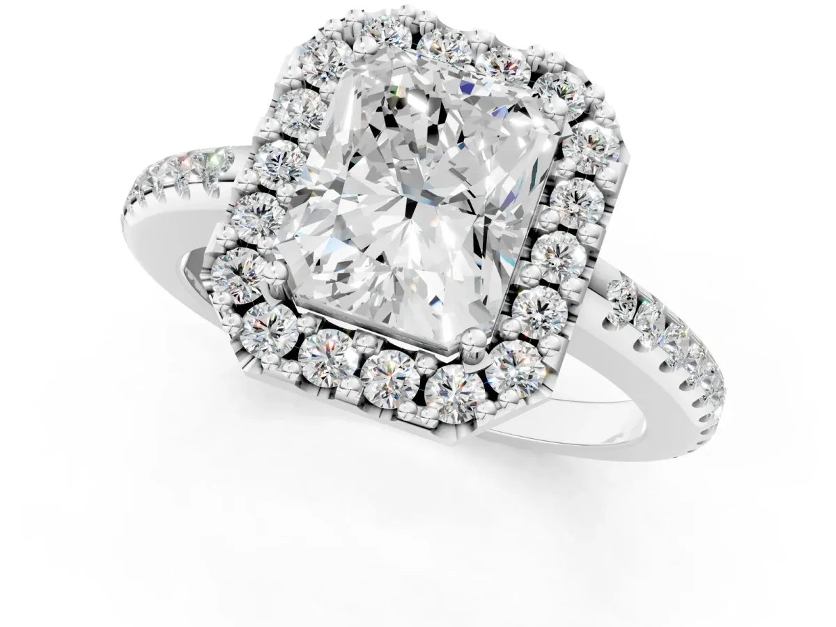Radiant Cut Diamond Pavé Halo Ring with Four-Prong Setting Platinum