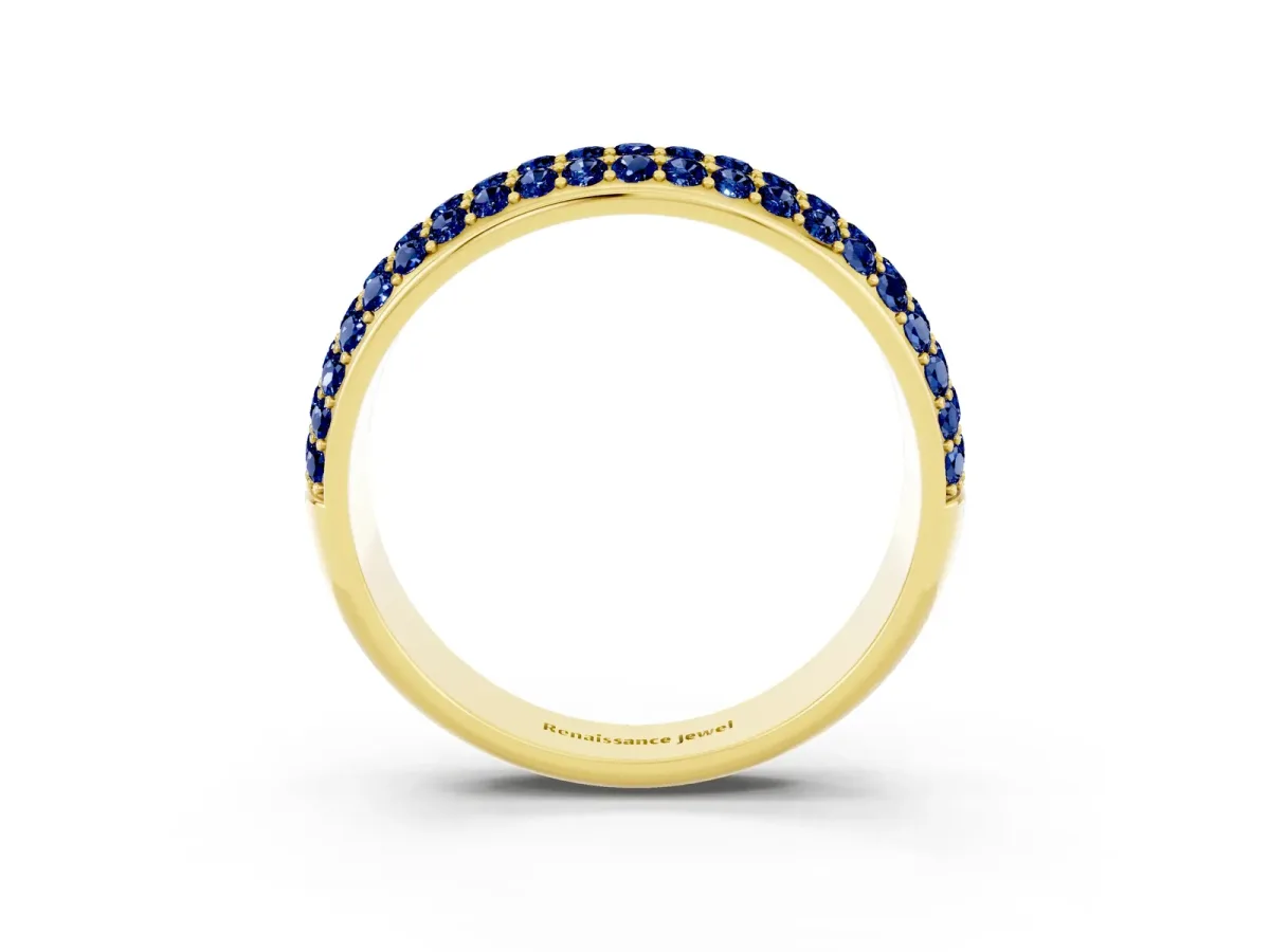 Three-Row Round Blue Sapphire Eternity Band with Shared Prong Setting Yellow gold