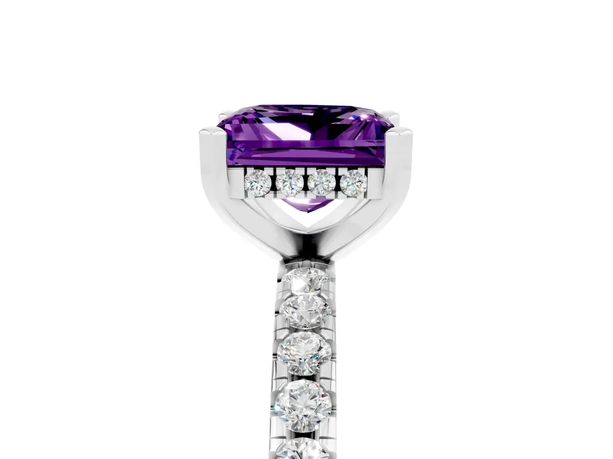 Princess Cut Amethyst Solitaire Ring with Round Pavé Band and Four-Prong Setting Silver