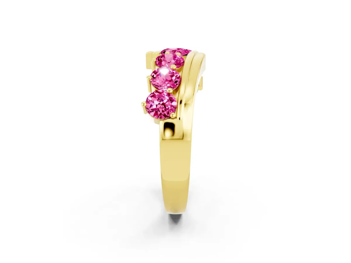 Round Pink Sapphire Wave Band with Channel and Shared Prong Setting Yellow gold