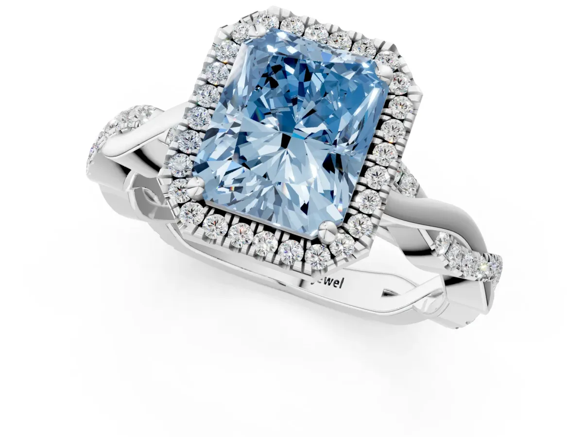 Fancy Blue Radiant Cut Cut Halo Twisted Band Four-Prong Ring Platinum