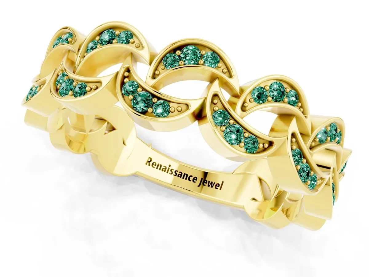 Pavé Round Green Sapphire Interlocking Eternity Band with Bezel Prong Setting Yellow gold