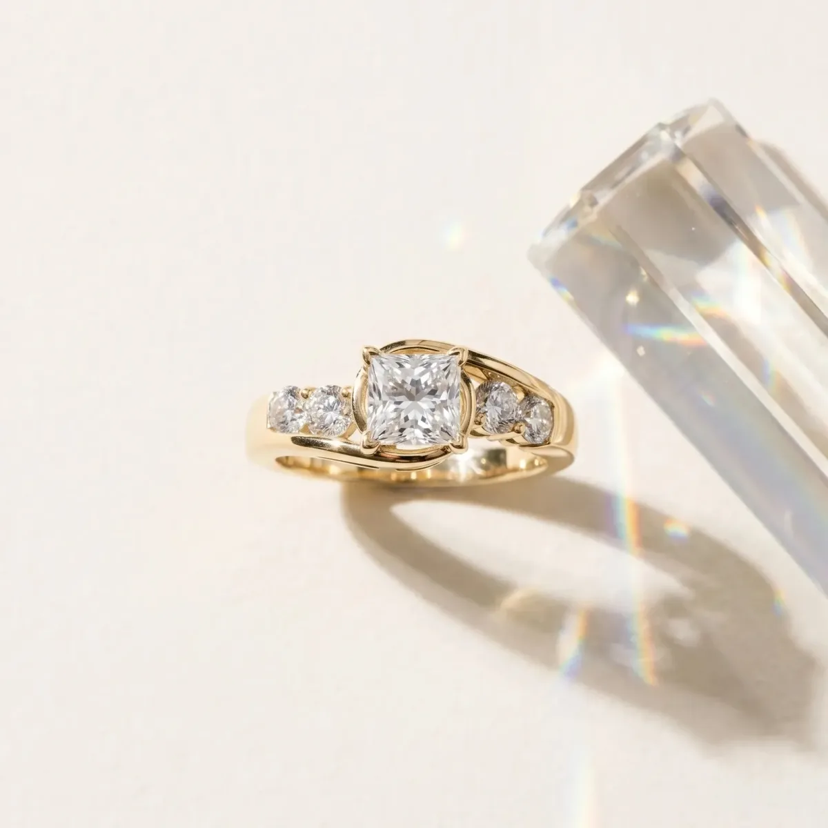 Bezel Set Princess Cut Diamond Bypass Ring with Round Accents Yellow gold