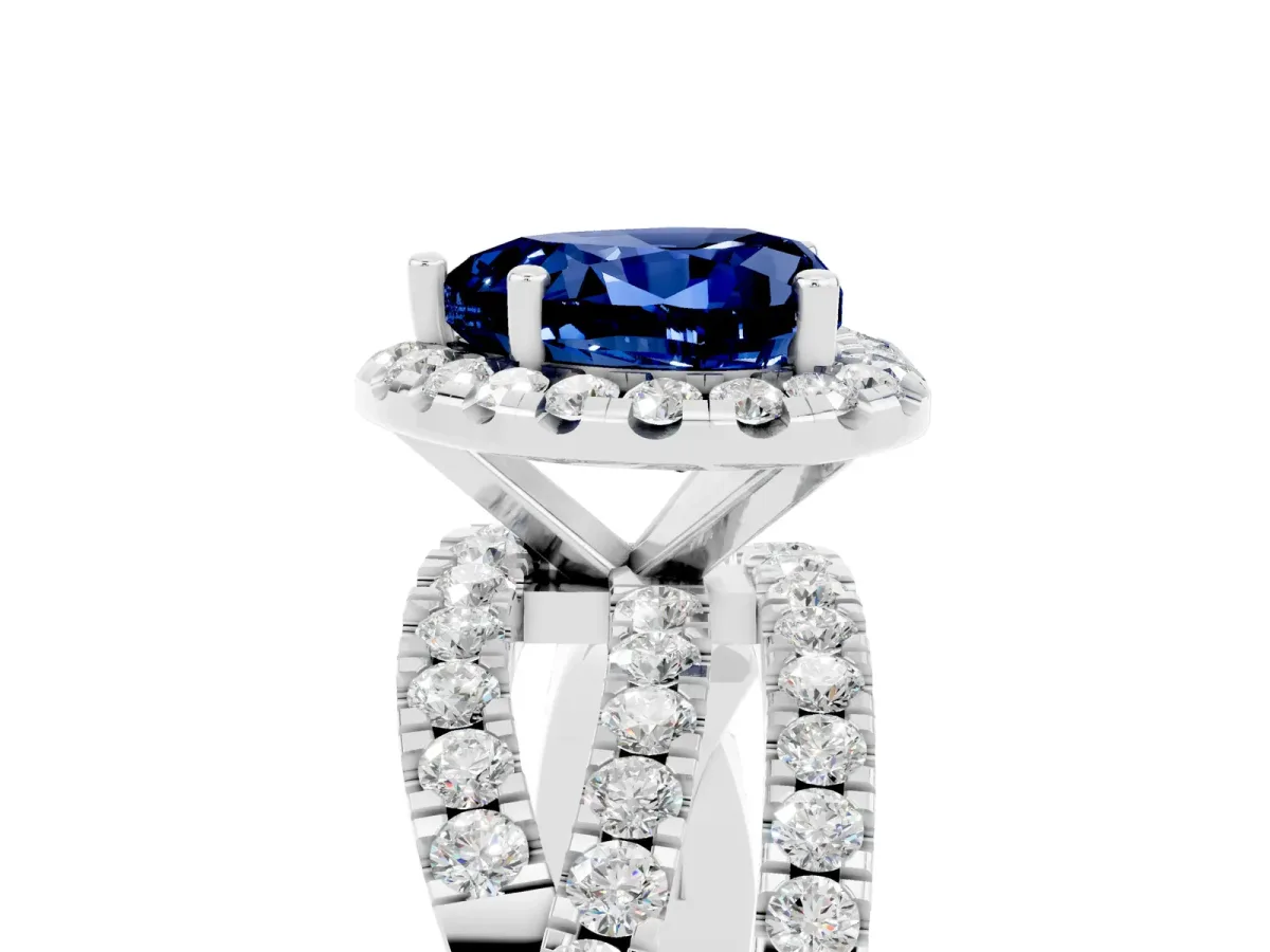 Heart Cut Blue Sapphire Halo Ring with Round Split Shank and Prong Setting Platinum