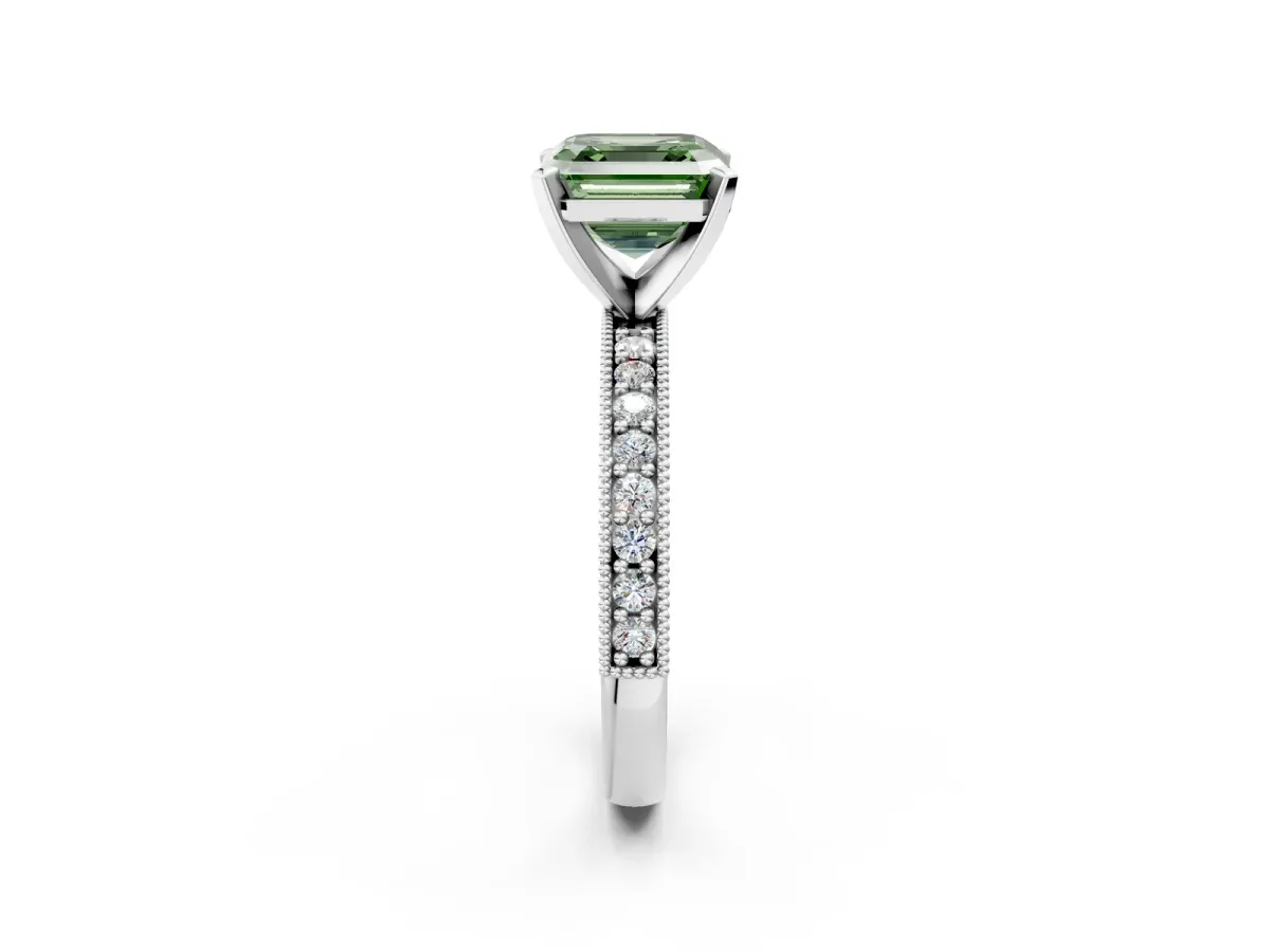 Fancy Green Asscher Cut Diamond Milgrain Pavé Engagement Ring with Four-Prong Setting Platinum