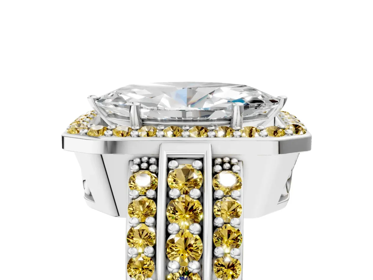 Marquise Cut Halo Diamond Ring with Round Yellow Sapphire Split Shank and Prong Setting Silver