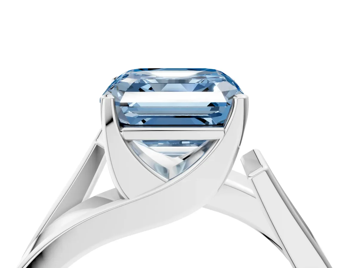 Fancy Blue Modern Tension Set Asscher Cut Diamond Solitaire Wide Band Ring Silver
