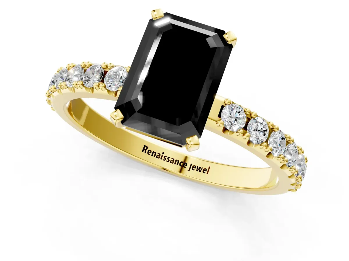 Fancy Black Emerald Cut Diamond Solitaire Pavé Band with Four-Prong Setting Yellow gold