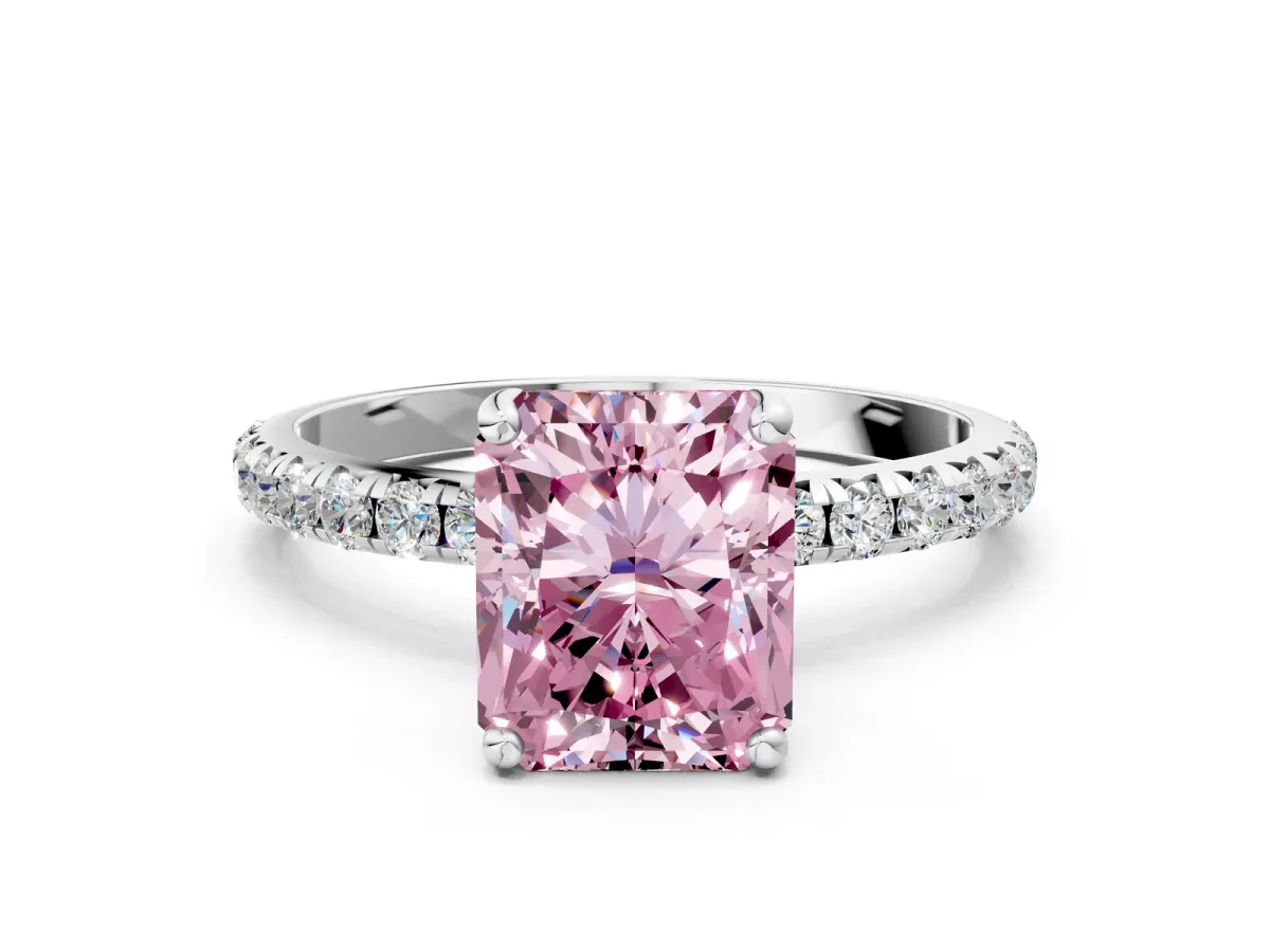 Fancy Pink Radiant Cut Cut Diamond Solitaire Ring with Micro Pave Band and Four Prong Setting Platinum