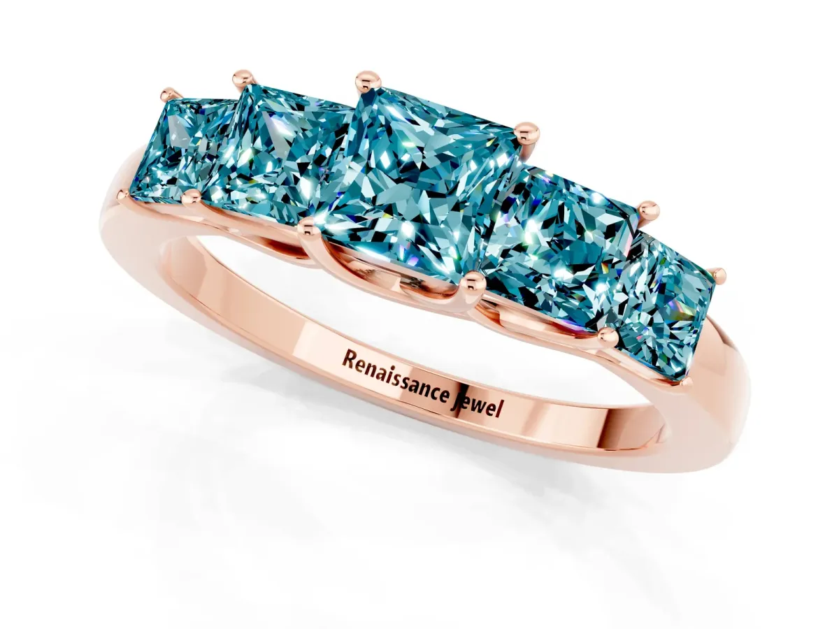 Princess Cut Five-Stone Blue Topaz Ring with Classic Prong Setting Rose gold