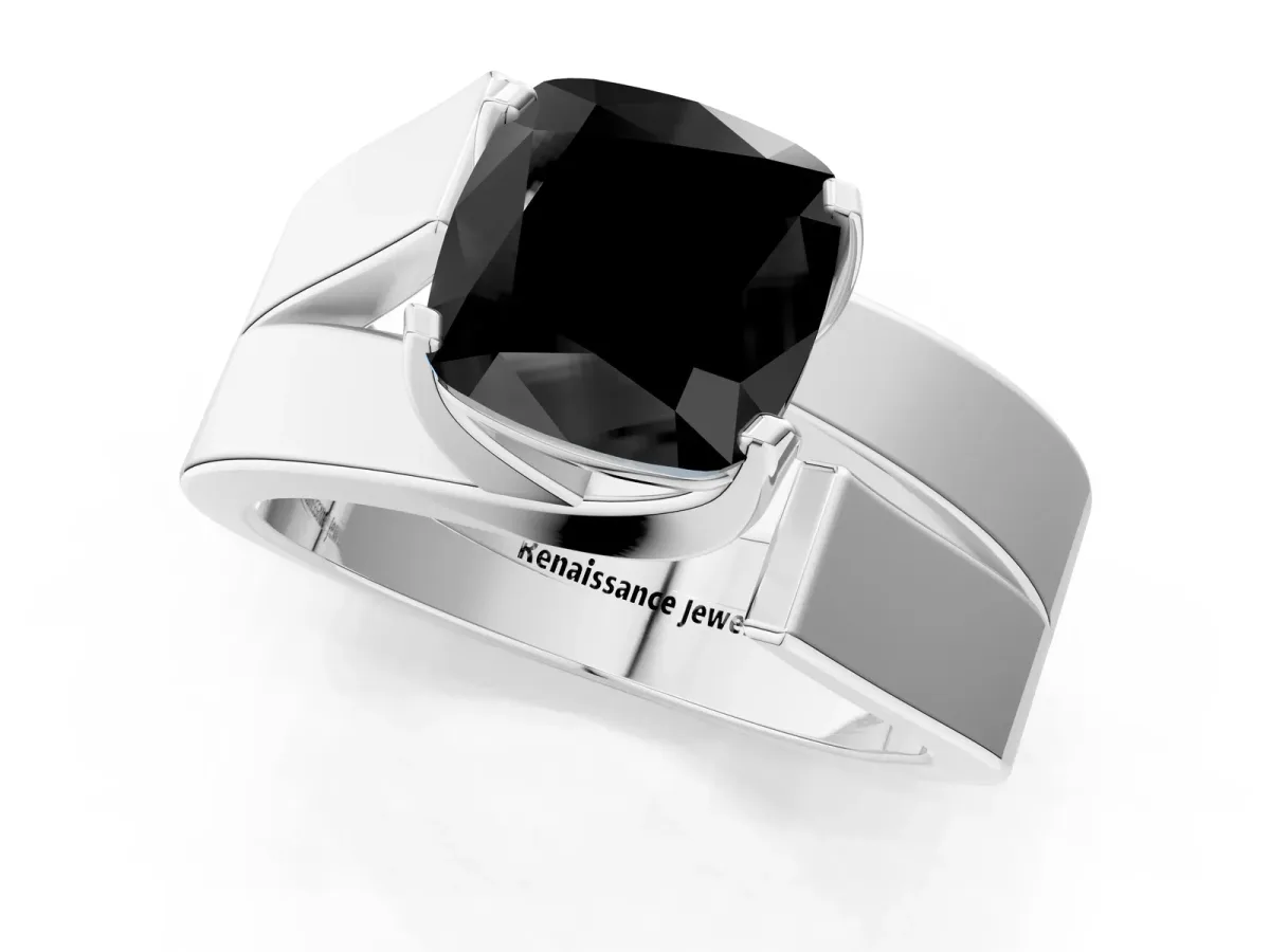 Fancy Black Modern Tension Set Cushion Cut Diamond Solitaire Wide Band Ring Silver