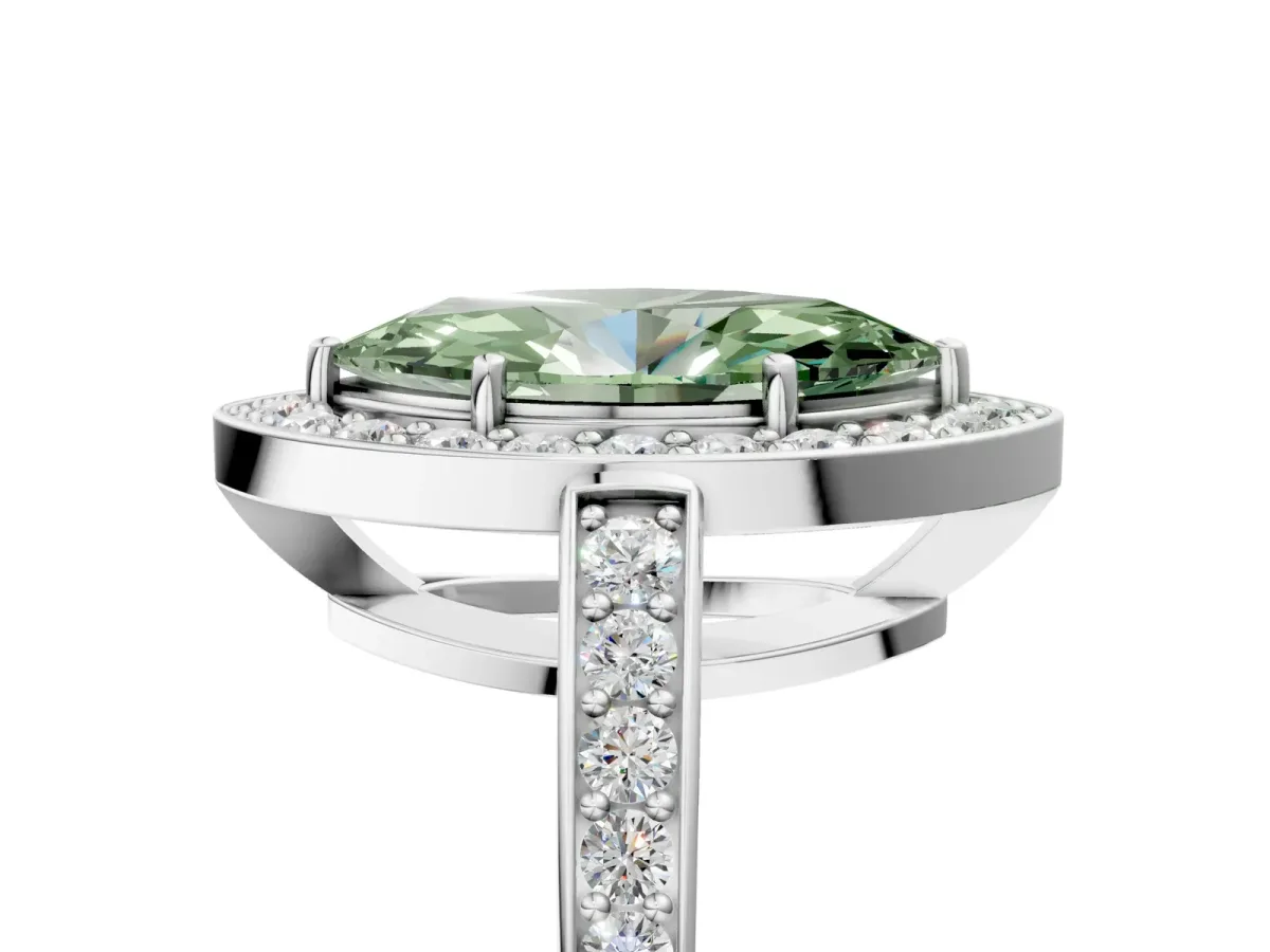 Fancy Green Marquise Cut Halo Pavé Diamond Engagement Ring with Bezel Setting Silver