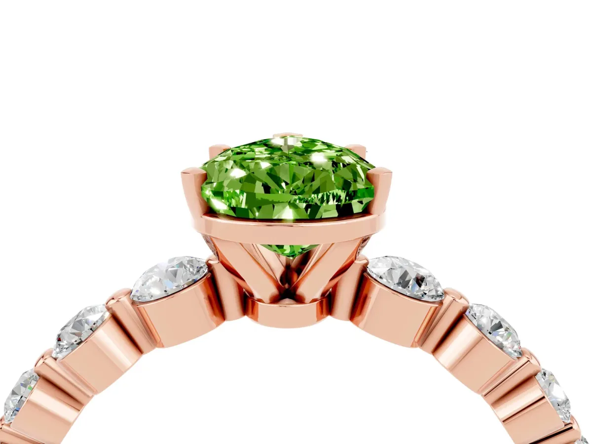 Pear Cut Solitaire Peridot Ring with Pave Band and Four-Prong Setting Rose gold