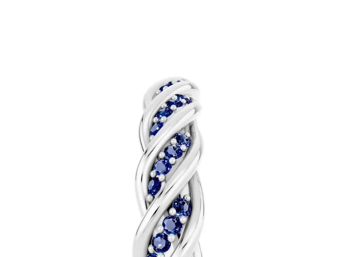 Twisted Pavé Round Blue Sapphire Eternity Band with Shared Prong Setting Platinum